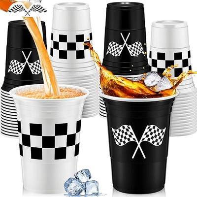 Norme 48 Pcs Checkered Racing Party Plastic Cups Bulk 16 oz Disposable Checkered Flag Race Car Cups Thick White Black Cup for Racing Themed Birthday Party Favors Supplies