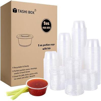 TashiBox 400 Sets - 2 oz Jello Shot Cups with Lids, Small Plastic Portion Cups with Lids, Disposable Condiment Containers for Sauce