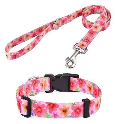 Soft Comfy Pet Collar and Leash Set for Medium Dogs, Floral Pattern for Boy Girl Puppy Dogs (Floral C Set,M)