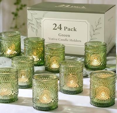 DEVI 24pcs Green Votive Candle Holders for Wedding, Glass Tea Lights Candle Holder, Green Baby Shower St. Patrick's Day Table Decor, Vintage Depression Glass Candle Holders for Table Centerpiece
