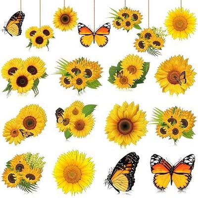 Qunclay 36 Pcs Sunflower Tree Decorations Summer Wooden Ornaments Spring Yellow Flower Butterfly Hanging Ornament Summer Sunflower Wood Pendant with Rope for Small Tree Home Party Decor