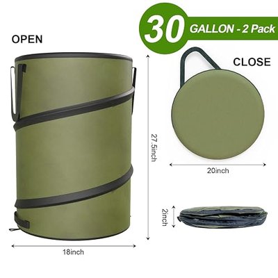 2-Pack 30 Gallon Collapsible Pop-Up Trash Can for Camping, RV - Waste Yard Bag for Gardening Lawn/Leaf - 30 Gallon Each Bag, Green