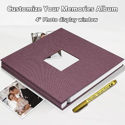 Photo Album Self Adhesive with Writing Space for 4x6 5x7 8x10 Pictures Scrapbook Album Linen Hardcover Purple DIY Length 11x10.6 Inch 40 Pages with A Metallie Pen