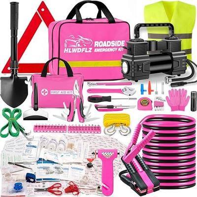 Car Emergency Kit with Portable Air Compressor - Roadside Assistance Emergency Kit with Jumper Cables, First Aid Kit, Auto Tool Set, Winter Safety Kit for Women, Men, Teen (Pink)