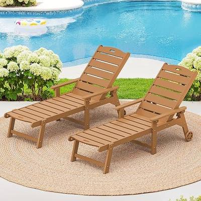 LUE BONA Outdoor Chaise Lounge Chairs, 5‑Position, with Wheels, 2‑Pack | HDPS Oversized Lounge Chair with Armrest, Fade & Crack Resistant, Rust-Proof, Wood Texture, for Pool, Deck, Patio, Teak Color