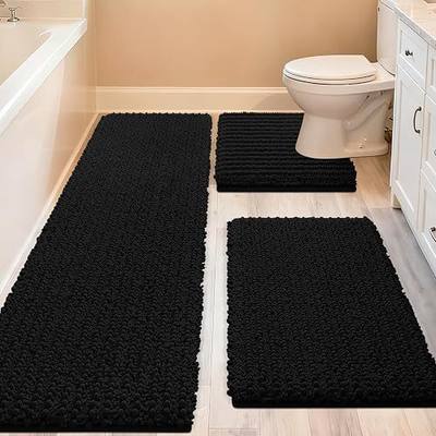 ACCUMTEK Upgrade Extra Large Black Bathroom Rug Set 3 Pieces Ultra Soft, Thick Absorbent Bath Mats, Non Slip Chenille Toilet Mat for Bathroom, Bedroom, Kitchen