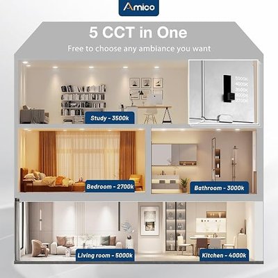 Amico 24 Pack 6 Inch 5CCT Ultra-Thin LED Recessed Ceiling Light with Junction Box, 2700K/3000K/3500K/4000K/5000K Selectable, 1050 Lumens, Dimmable Canless Wafer Downlight, 12W Eqv 110W-ETL&FCC