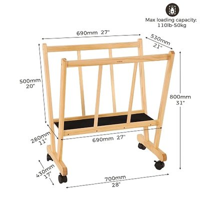 VISWIN Large Art Storage Rack with Casters – Wooden Drying & Display Rack for Canvas, Prints, Posters – Art Organizer for Shows, Studios & Galleries – Natural