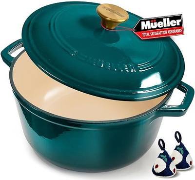 Mueller DuraCast 6 Quart Enameled Cast Iron Dutch Oven Pot with Lid, Sourdough Bread Baking, PFOA-Free, 500°F Oven Safe - All Cooktops incl. Induction, Braising & Slow Cooking, Emerald | With Lid, Sourdough Bread Baking, PFOA-Free, 500°F Oven Safe, All Cooktops incl. Induction, Emerald