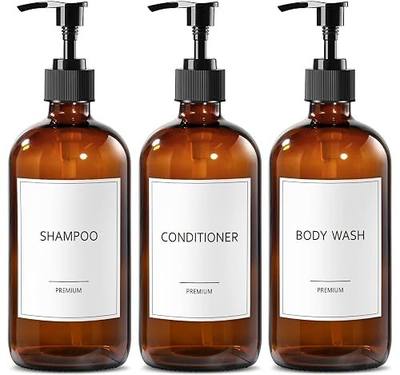 GMISUN Glass Shampoo and Conditioner Dispenser, Shower Soap Dispenser Bottles with Labels, Refillable Shampoo Conditioner Body Wash Dispensers, Amber Glass Soap Pump Dispenser Set for Bathroom Shower