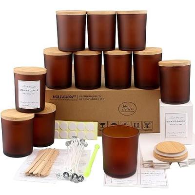MILIVIXAY 12 Pack 10 OZ Frosted Amber Glass Candle Jars with Lids and Candle Making Kits - Bulk Empty Candle Jars for Making Candles - Spice, Powder Containers.