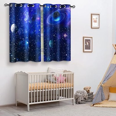 Aimego Galaxy Outer Space Stars Planet Blackout Curtains for Kids Girls Boys Teens Bedroom Living Room Decor, Moon Nebula Starry Universe Grommet Darkening Window Drapes 2 Panels Set, 42" x 63"