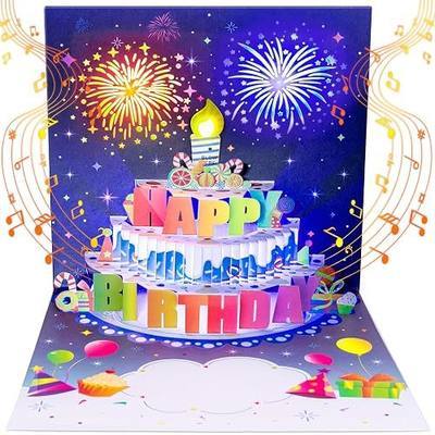 INPHER UPGRADED Blowable Birthday Cards 3D Pop Up Fireworks Cake Light and Music Happy Birthday Card Gifts for Women Men Mom Kids