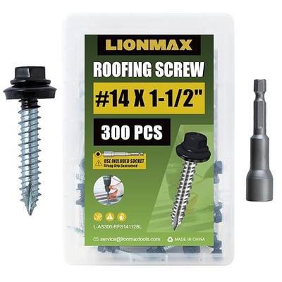 LIONMAX Metal Roofing Screws #14 x 1-1/2 Inch, 300-PCS, Black Painted Hex Head Sheet Metal Roof Screws, Rubber Washer, Sharp Point, Metal to Wood Siding Screws, Hex Socket Included