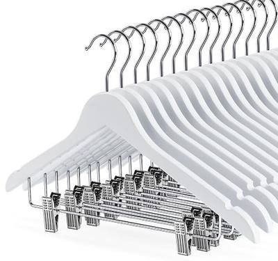 White Wooden Skirt Hangers with Clips 16Pack, Wooden Coat & Pants Hangers with Adjustable Metal Clips for Slacks, Jeans, Shorts, Jacket, Blouse, Clothes & Suit