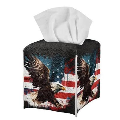 ZFRXIGN Square Bald Eagle Tissue Holder Leather Tissue Paper Box Cover for Bathroom Vanity Counter Tops, Bedroom Dressers, Night Stands, Home Office Desks, Tables American Flag Tissue Dispenser