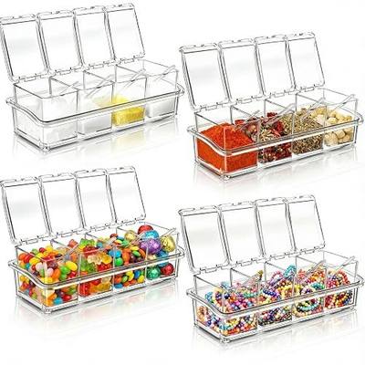 Bokon 4 Set Acrylic Seasoning Box with Spoons, 16 Compartments Clear Spice Organizer, Kitchen Condiment Containers with Lids for Salt, Sugar, Candy