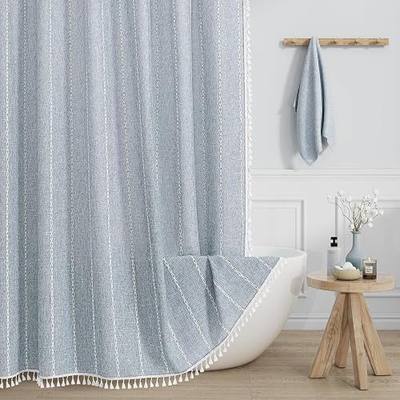 MitoVilla Blue Boho Fabric Shower Curtain, Modern Farmhouse Polyester Linen Shower Curtains for Vintage Rustic Bathroom Decor, Country Tassel Thick Cloth Shower Curtain, 72 x 72