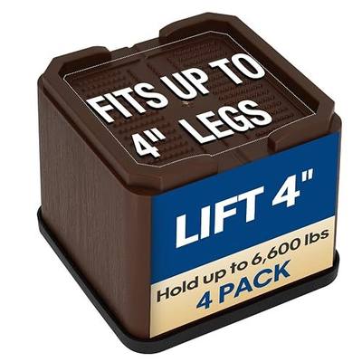 4 Inch Heavy Duty Bed Risers - Oversized Furniture & Sofa Lift Elevators - Square, Large Couch Table Bed Raising Blocks - Stackable up to 8" for Better Storage Space - 4 Pack Lifts 6,600 lbs
