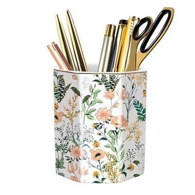 Cute Ceramic Pen Holder for Desk, Pencil Cup Pot, Makeup Brush Holders, Desk Accessories & Workspace Organizers for Home, Office, White Flower