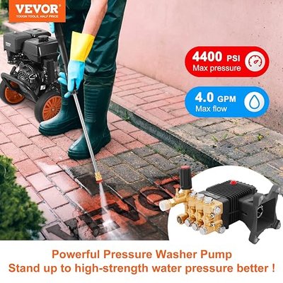 VEVOR Pressure Washer Pump, 4400 PSI, 4.0 GPM, 1" Shaft Horizontal Triplex Plunger, Replacement Power Washer Pumps Kit, Parts Washer Pump, Compatible with Simpson, Honda, Homelite, Troybilt etc. | Replacement Kit, Horizontal Triplex Plunger, Brass, with Hardware, Compatible with Simpson, Honda, Home