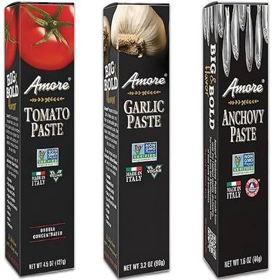 Amore Crowd Favorite - Garlic (3.2oz), Tomato (4.5oz) & Anchovy Paste (1.6oz) in a Tube, Non GMO Verified (Variety 3 Pack)