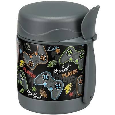 Pawtong 10oz Soup Thermo for Hot Food Kids Insulated Food Jar,Thermo Hot Food Lunch Container, Width Mouth Stainless Steel Lunch Box for Kids with Spoon (Black-Gamepad)