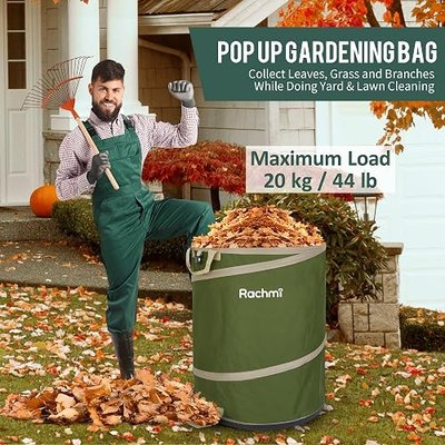 Rachmi 47 Gallon Collapsible Pop-Up Trash Can 2-Pack with Hard Bottom Green | Heavy duty 600D oxford, Reusable lawn garden waste bag, Yard leaf recycling bin, Large storage for party camping