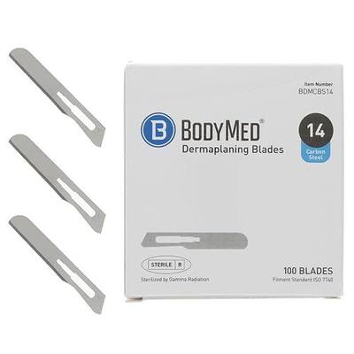 BodyMed Dermaplaning Blades #14 in Carbon Steel, 100 PCS - Disposable, Individually wrapped, Sterile Scalpel Blades for Estheticians, Facial Exfoliation, Hair Removal, Skin Care, Surgical & Podiatry