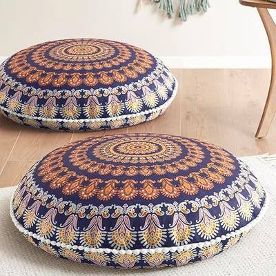 Codi Floor Pillows 2 Pack, Large Meditation Cushions for Adults, 32-inch | Mandala round oversize seating for yoga relaxation, Shredded memory foam, Removable machine washable boho cover, Yellow
