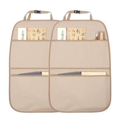 Kick Mat Back Seat Protector Waterproof Leather Car Seat Back Organizers Cover with 3 Storage Pockets for Kids Pets SUV Sedan Minivan Truck Car Travel Accessories (Beige 2-Pack)
