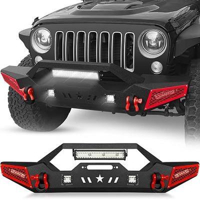 for Wrangler JK JL & Gladiator JT Front Bumper Compatible with 2007-2026 Jeep Wrangler JK JL JKU JLU Unlimited & Gladiator JT 2/4 Doors with 5 x LED Light, Winch Plate, Paintable Armor, D-rings