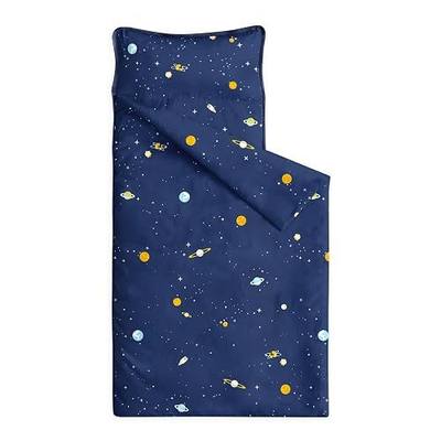 Wake In Cloud - Toddler Nap Mat with Pillow and Blanket, 100% Cotton Fabric, for Kids Boys Ages 3 Plus in Daycare Kindergarten Preschool, Roll Up Sleeping Bag, Galaxy Spaces