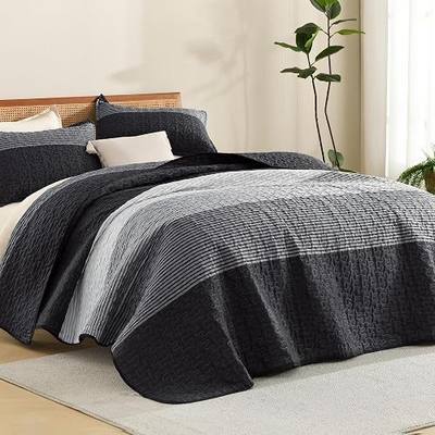 Litanika Quilt Queen Size Black, Grey and White, Gray Stripe Patchwork Summer Bedspread Coverlet 3 Pieces, Soft Lightweight Polyester Comforter Bedding Set for All Season(1 Quilt, 2 Pillowcases)