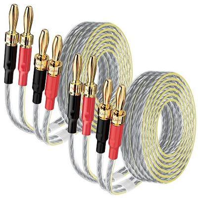 2 Pack 16/2 Speaker Flat Wire Cable with Banana Tip Plugs 6 FT, 16 Gauge AWG Wire, Tinned OFC Copper, Transparent Jacket with Yellow Polarity Marker, for Indoor & Outdoor, Hi-Fi