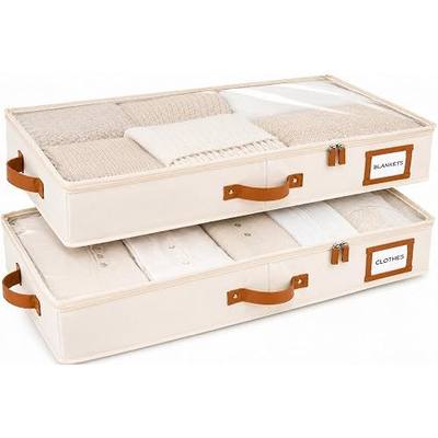 HOMELUX THEORY 2pc Low Profile Under Bed Storage Containers, Thin Under Couch Storage Organizer with Bins & Lids, Underbed Storage Box Ideal for Seasonal Clothes, Blankets, Fabric & Shoes (Ivory)