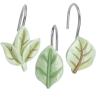 MitoVilla Plant Leaves Decorative Shower Curtain Hooks, Green Tropical Botanical Shower Hooks for Tree Leaf Shower Curtain & Liner, Rust Proof Eucalyptus Shower Curtain Rings, 12 PCS