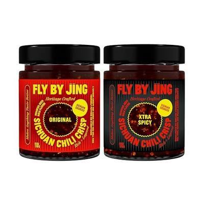 FLYBYJING Original + Xtra Spicy Sichuan Chili Crisp Oil Duo: Premium Vegan Chili Sauces Good on Noodles, Proteins, Veggies & Everything - Spicy, Savory, Crunchy Hot Sauces, 6oz (Pack of 2)