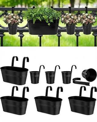 vensovo 8 Pcs Metal Railing Planters Set, 10.8" Oval & 3.9" Round Hanging Flower Pots with Detachable Hooks, Black Fence Planter Baskets for Outdoor Plants, Herbs & Succulents, Garden Decor