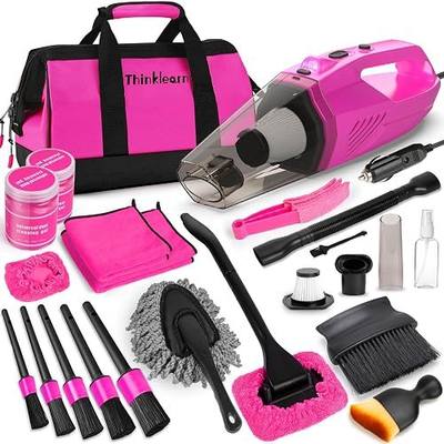 ThinkLearn Car Cleaning Kit, Car Corded Vacuum Detailing Kit Interior with High Power Handheld Vacuum, Including 7Pcs Detailing Brush Set, Windshield Cleaner, Pink Car Accessories for Women