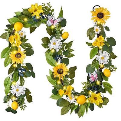 Valery Madelyn 6ft Artificial Lemon Sunflower Summer Garland for Mantel | Silk Sunflowers Faux Lemons & Eucalyptus Spring Garland with LED Lights for Table Centerpiece Porch Amalfi Coast Decor