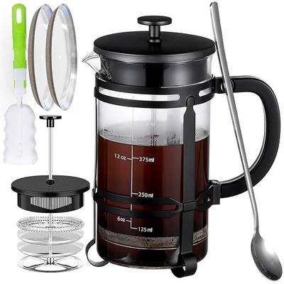 French Press Coffee Tea Maker(21oz),304 Stainless Steel Coffee Press with 4 Filters Screen-100% No Residue -German Heat-Resistant Borosilicate Glass- BPA FREE -Dishwasherable,Black