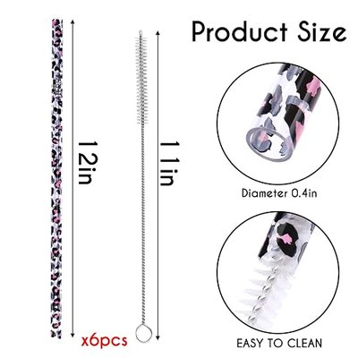 AIERSA 6 Pack Leopard Straw Replacement 40oz for Stanley,Plastic Reusable Straw for Stanley Adventure Quencher Travel Tumbler,Long Straws with Cleaning Brush for Stanley Cup Accessories