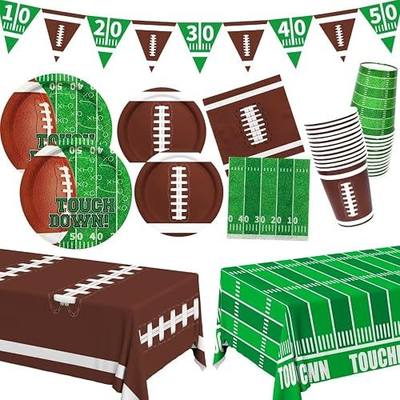 Gatherfun Football Party Supplies Kit Serve 24,Includes Dinner Plates, Dessert Napkins, Cups,Banner and Touchdown Tablecloth for Birthday Gameday Tailgate Decorations, Green (2023053002)