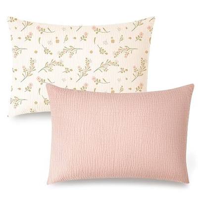 Konssy 2 Pack Muslin Toddler Pillowcases, Soft Baby Pillow Cases, 13"x18" | 100% Cotton, Soft & Breathable, Envelope Closure, Floral & Solid, for Baby Boys & Girls, Naps & Travel (Floral,Pink)