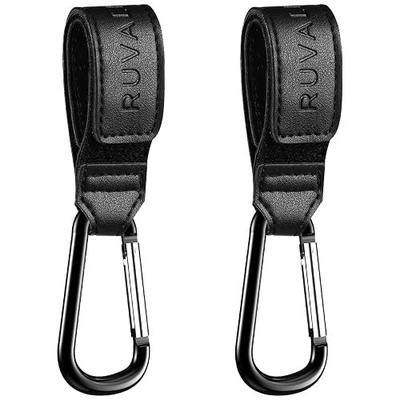 RUVALINO® Leather Stroller Hooks for Diaper Bag and Stroller Organizer - Stroller Strap with Large Carabiner Clip for Shopping Bags - Accessories for Wheelchair, Shopping and Pet Carts, Black, 2 Pack