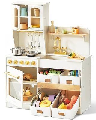 Tiny Land Wooden Play Kitchen for Kids with Toy Storage for Pretend Play | Built-In Cabinets, Felt Bins & Cookware Accessories Make Cleanup Easy While Encouraging Organizational Skills