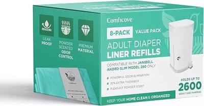 Comficove 8 Pack Janibell Akord Refill Liners, Compatible with Janibell Akord 280 Slim Model, Adult Diaper Pail Liners, Odor Resistant Bags