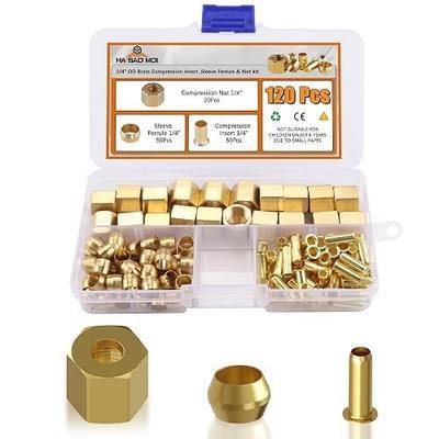 120PCS 1/4 inch Compression Fittings Assortment kit -(1/4") 50 Brass Compression Sleeve Ferrule, 50 Insert & 20 nuts - used to connect lines for air,water,fuel,oil and inert gases