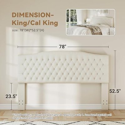 Befurtori King Headboard Only, Upholstered Headboard King Size for Adjustable Bed Linen Tufted Wall Mounted Head Board with Solid Wood Legs, Ivory